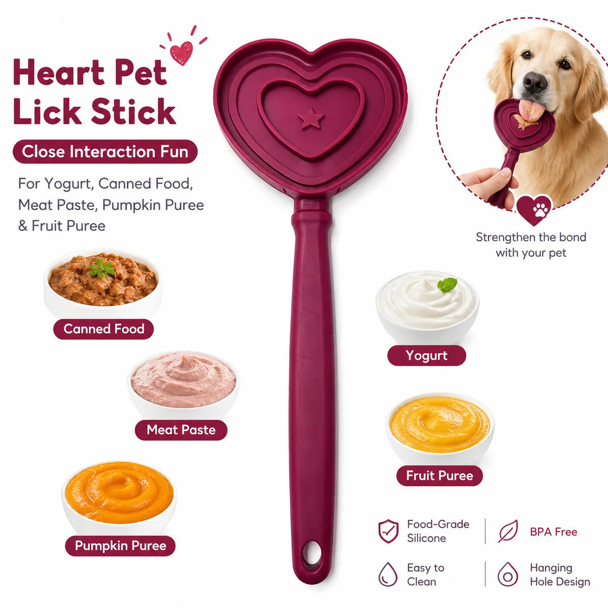 Furrivo Food-Grade Silicone Heart-Shaped Licking Stick Cats Dogs-Self-Entertainment Interactive Toy Durable Enriching Treat